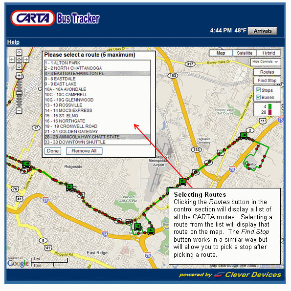 Selecting Routes - Clicking the Routes button in the control section will display a list of all the CARTA routes.  Selecting a route from the list will display that route on the map.  The Find Stop button works in a similar way but will allow you to pick a stop after picking a route.